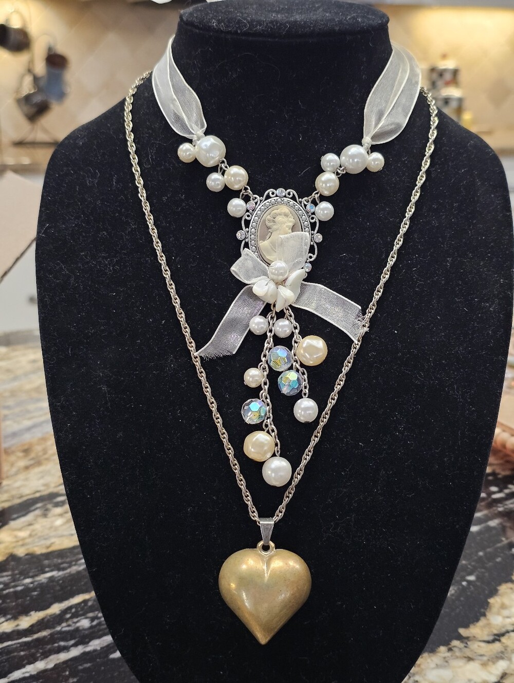 Vintage-Inspired Pearl Cameo Necklace with Gold Heart Pendant